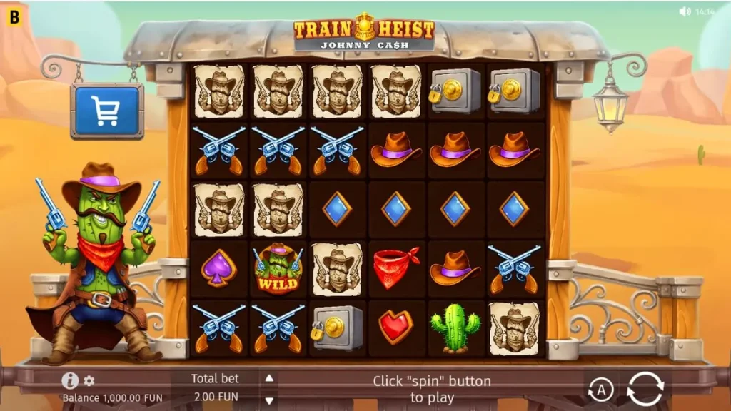 Train Heist Johnny Cash slot game interface featuring the cowboy character and Wild West train heist theme.